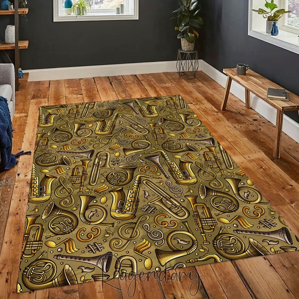 Golden Jazz Brass Instrument Music Rug – Trumpet, Saxophone & Notes Design