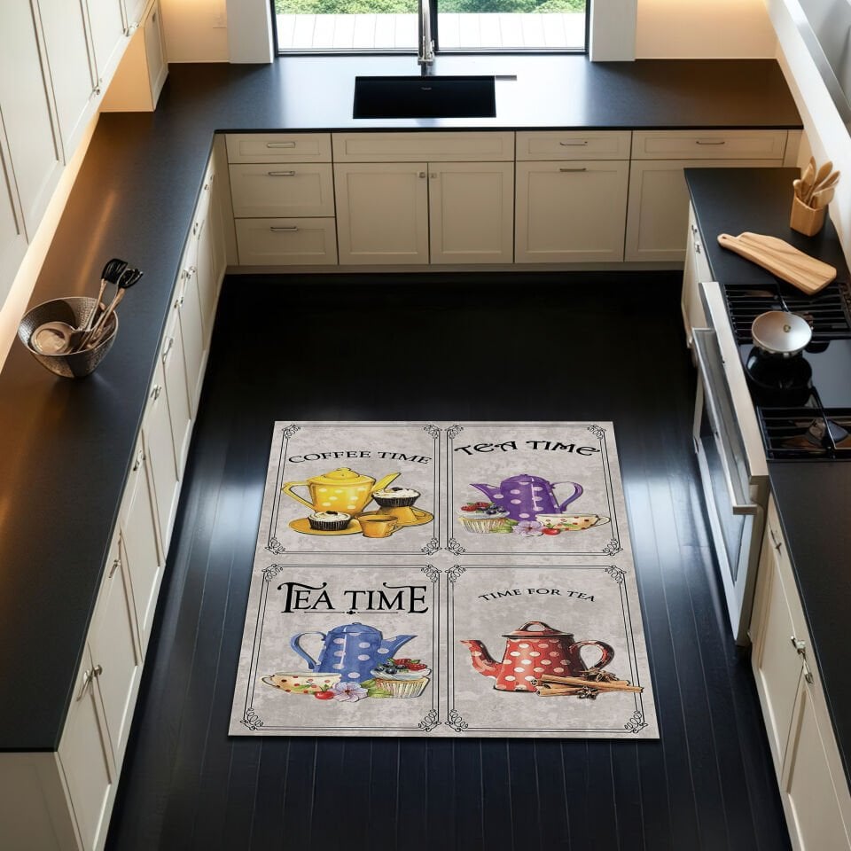 Coffee and Tea Time Kitchen Rug – Vintage Teapot Design Floor Mat