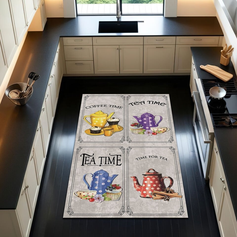 Coffee and Tea Time Kitchen Rug – Vintage Teapot Design Floor Mat