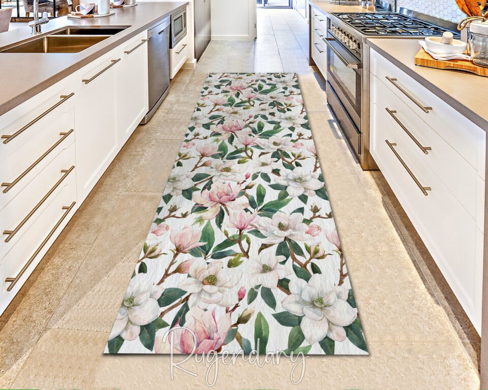 Elegant Magnolia Flower Runner Rug – Soft Pink & White Floral Design