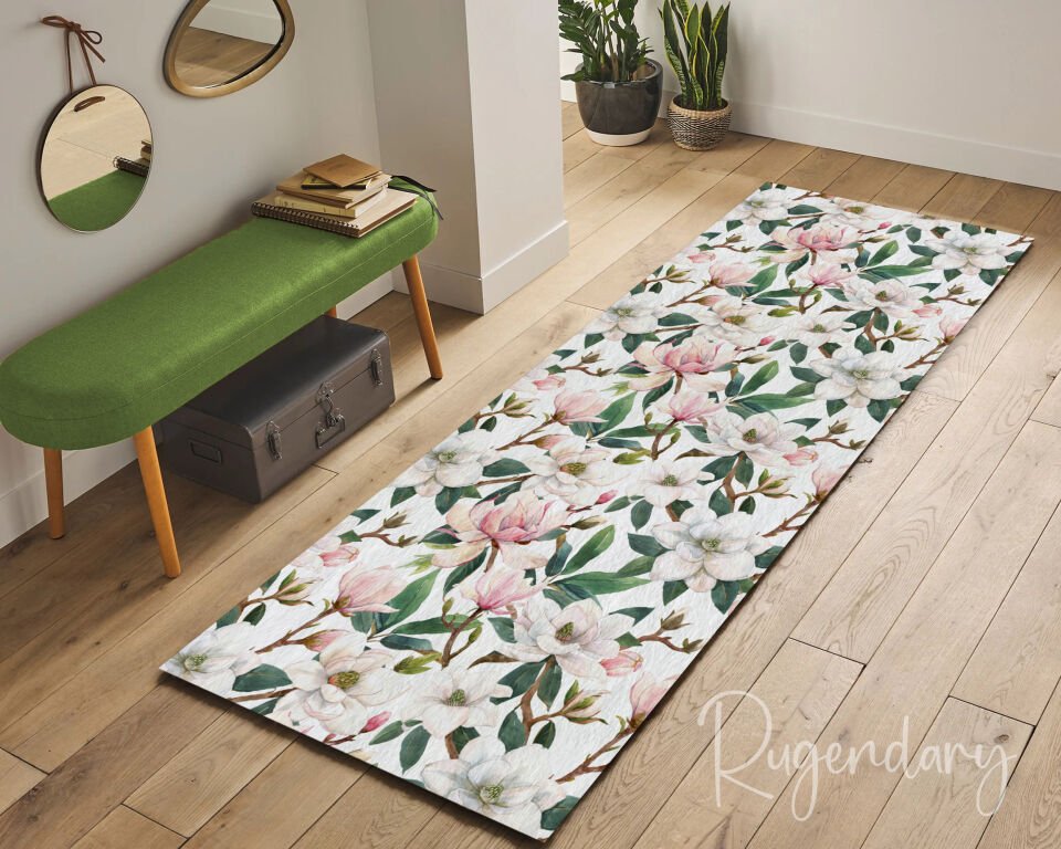 Elegant Magnolia Flower Runner Rug – Soft Pink & White Floral Design