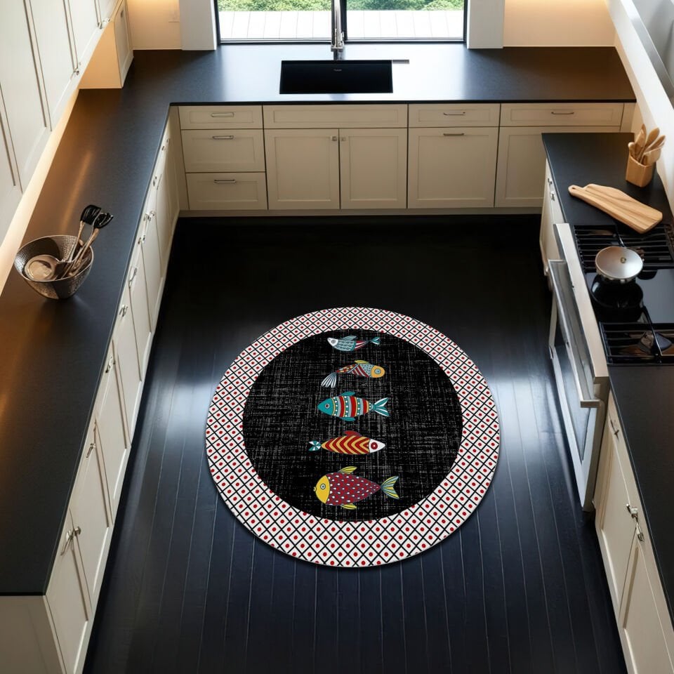 Colorful Fish Round Kitchen Rug – Modern Nautical Design