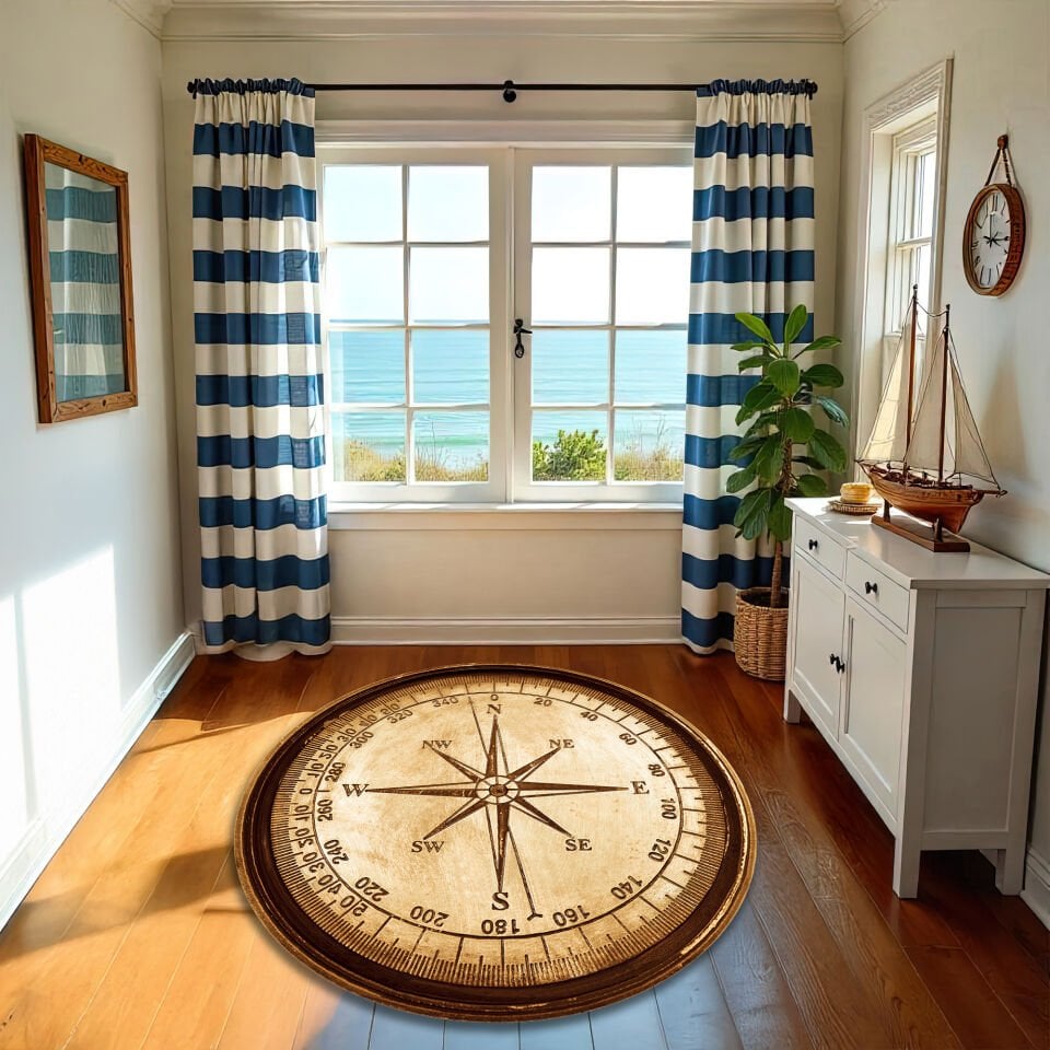 Vintage Nautical Compass Design Round Rug – Antique Style Maritime Floor Carpet