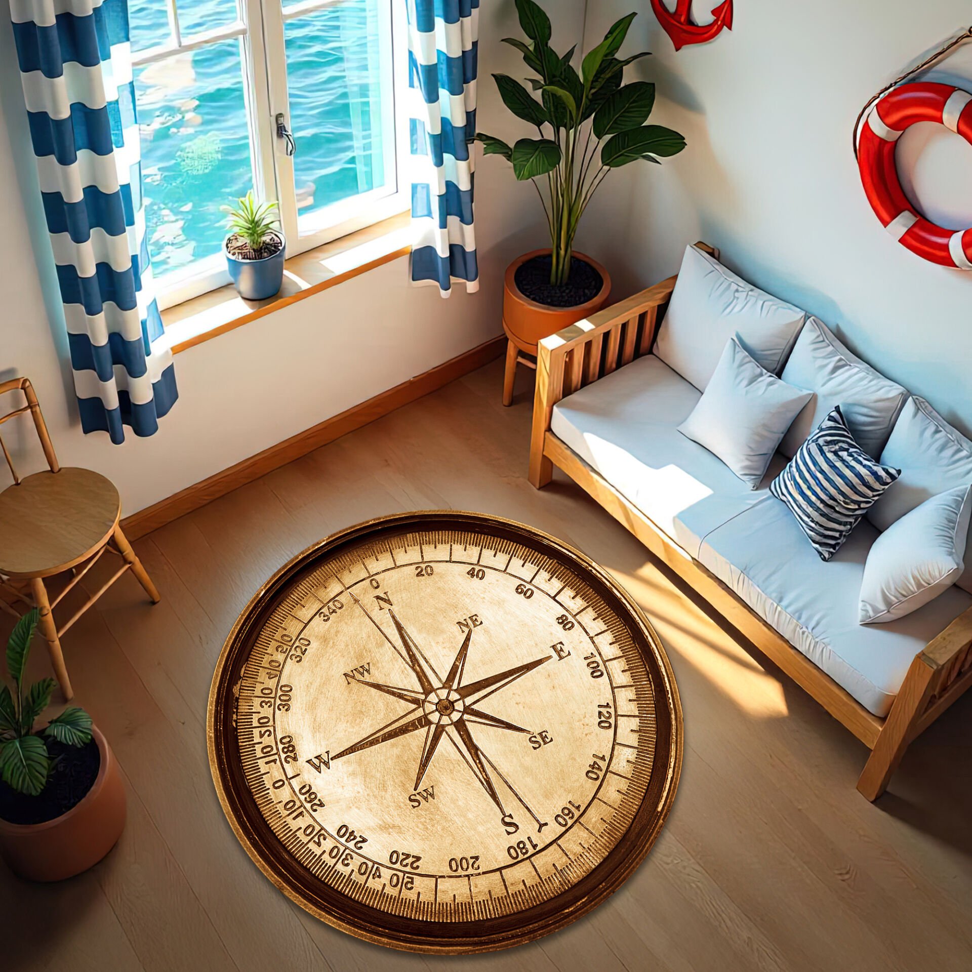Vintage Nautical Compass Design Round Rug – Antique Style Maritime Floor Carpet