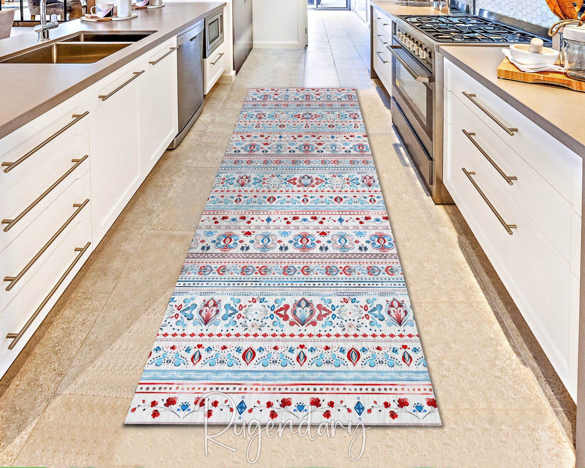 Red & Blue Geometric Floral Runner Rug – Elegant Long Carpet for Kitchen & Hallway