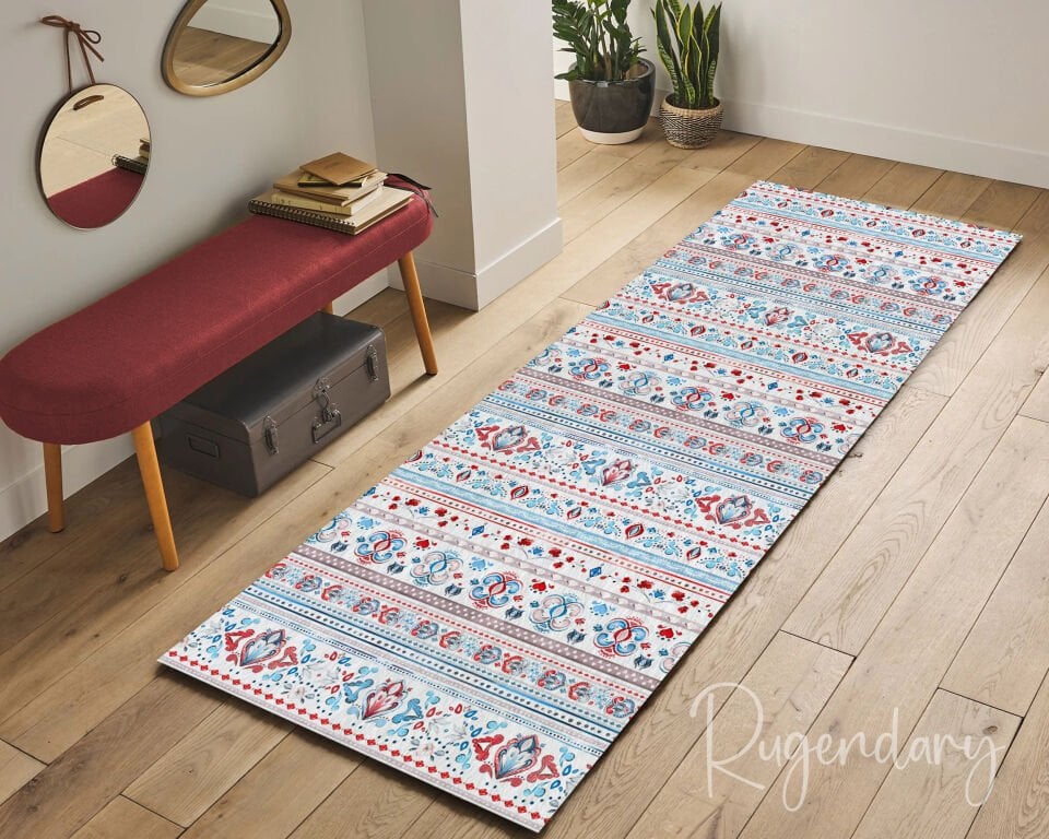 Red & Blue Geometric Floral Runner Rug – Elegant Long Carpet for Kitchen & Hallway