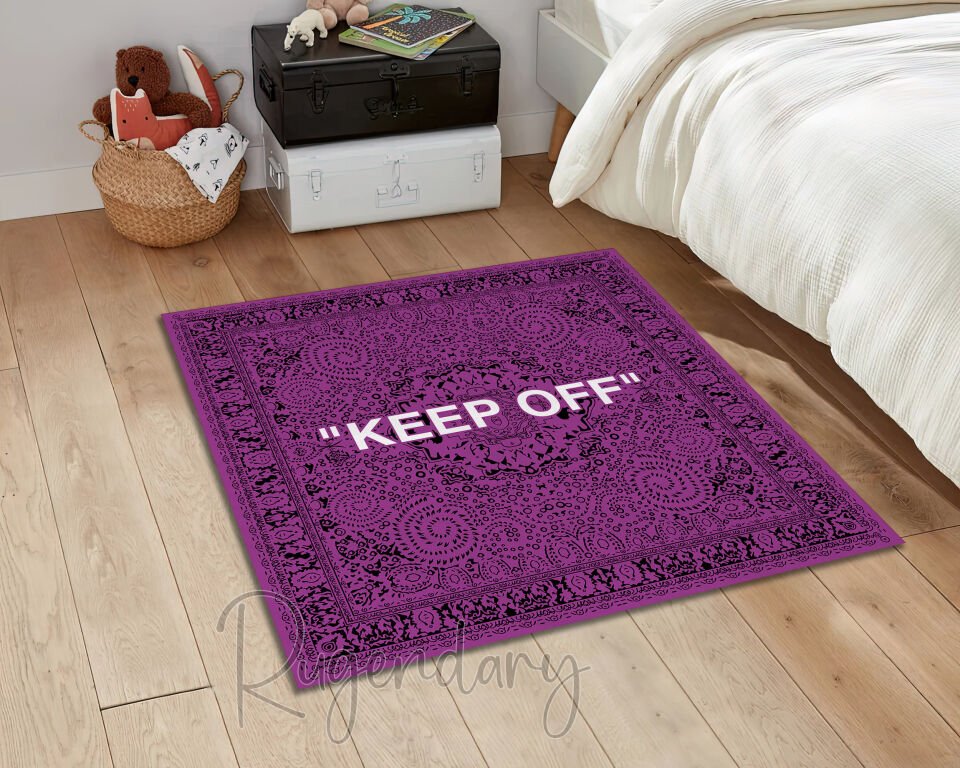 Purple & White ''KEEP OFF'' Square Rug – Bold and Stylish Accent