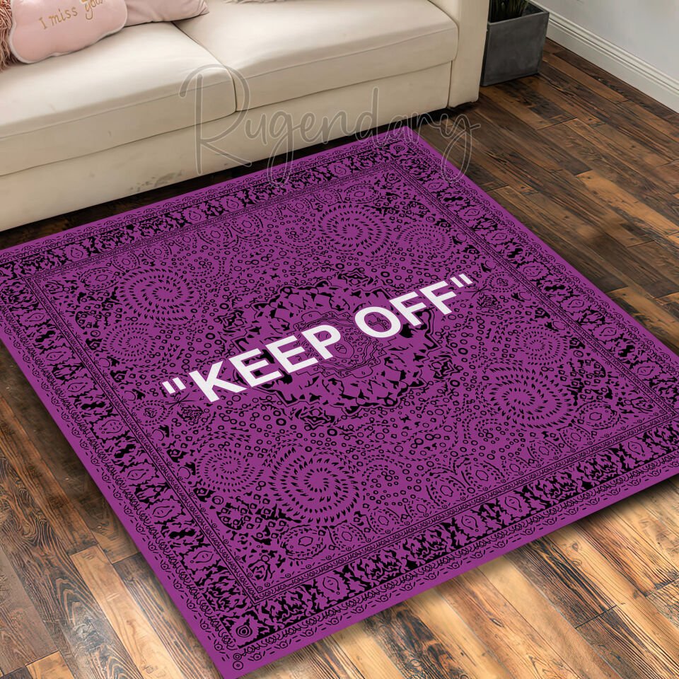Purple & White ''KEEP OFF'' Square Rug – Bold and Stylish Accent