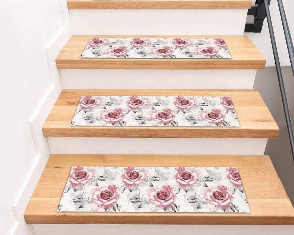 Vintage Pink Rose Stair Treads – Elegant Floral Step Mats with Watercolor Effect