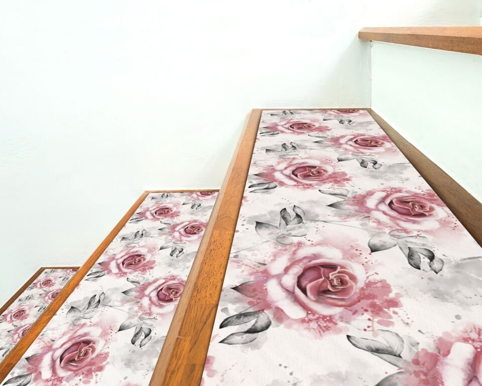 Vintage Pink Rose Stair Treads – Elegant Floral Step Mats with Watercolor Effect