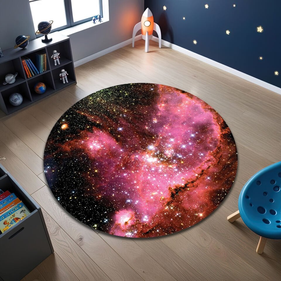 Pink Galaxy Nebula Round Kids Rug – Stunning Cosmic Playroom Carpet