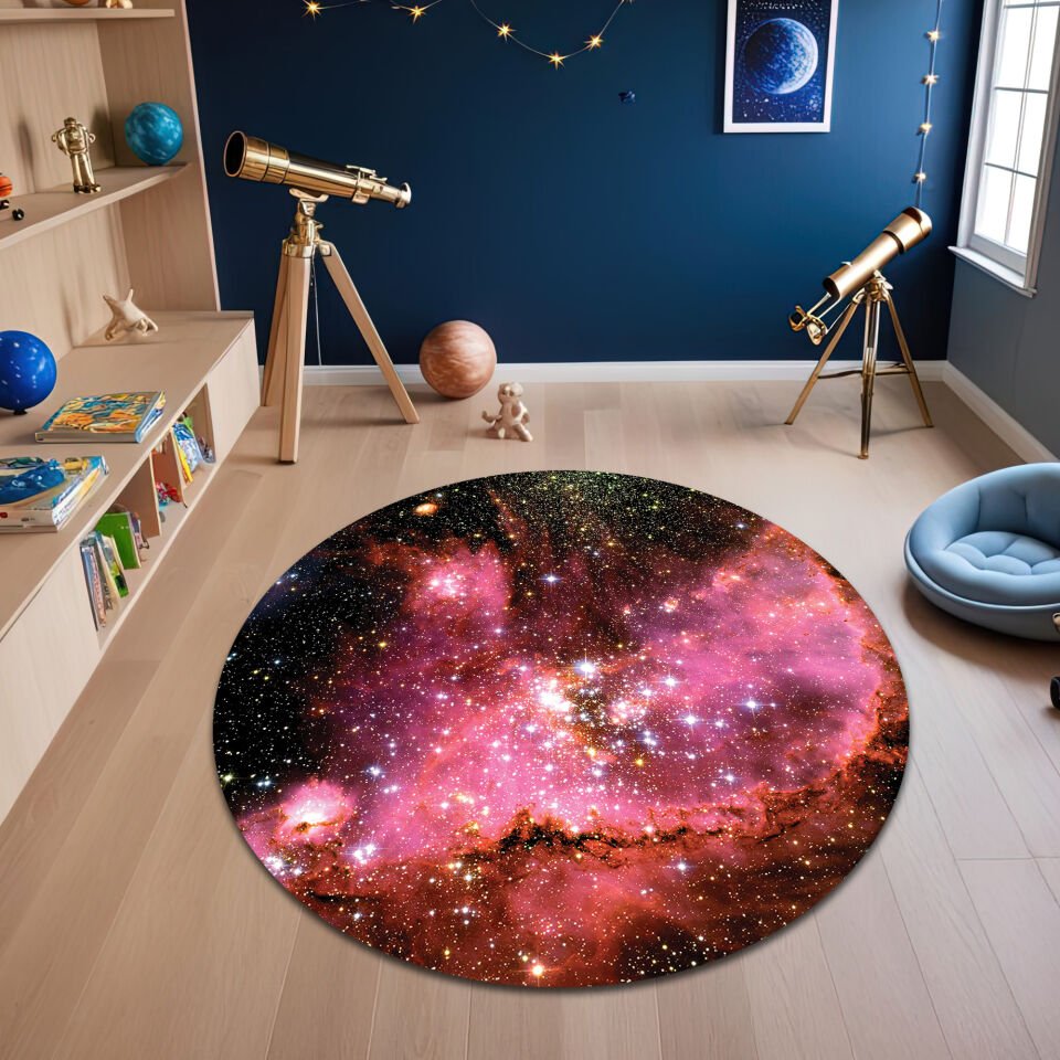 Pink Galaxy Nebula Round Kids Rug – Stunning Cosmic Playroom Carpet