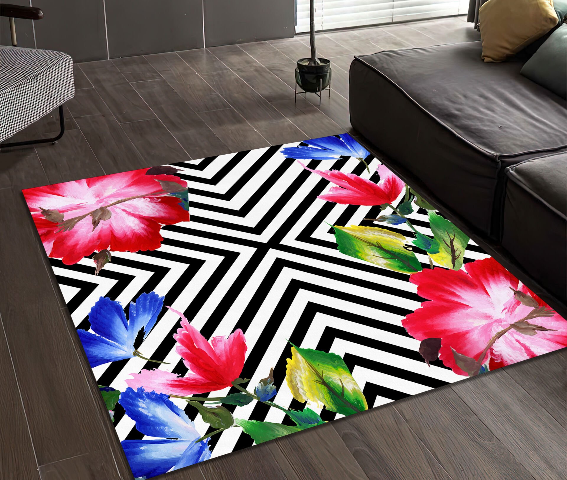 Modern Floral Rug Black White Geometric Pattern Carpet with Red and Blue Flowers for Home Decor