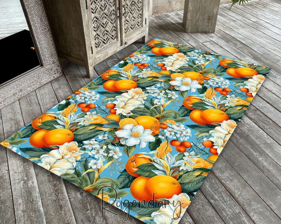 Tropical Orange Blossom Kitchen Rug – Blue & Citrus Floral Design