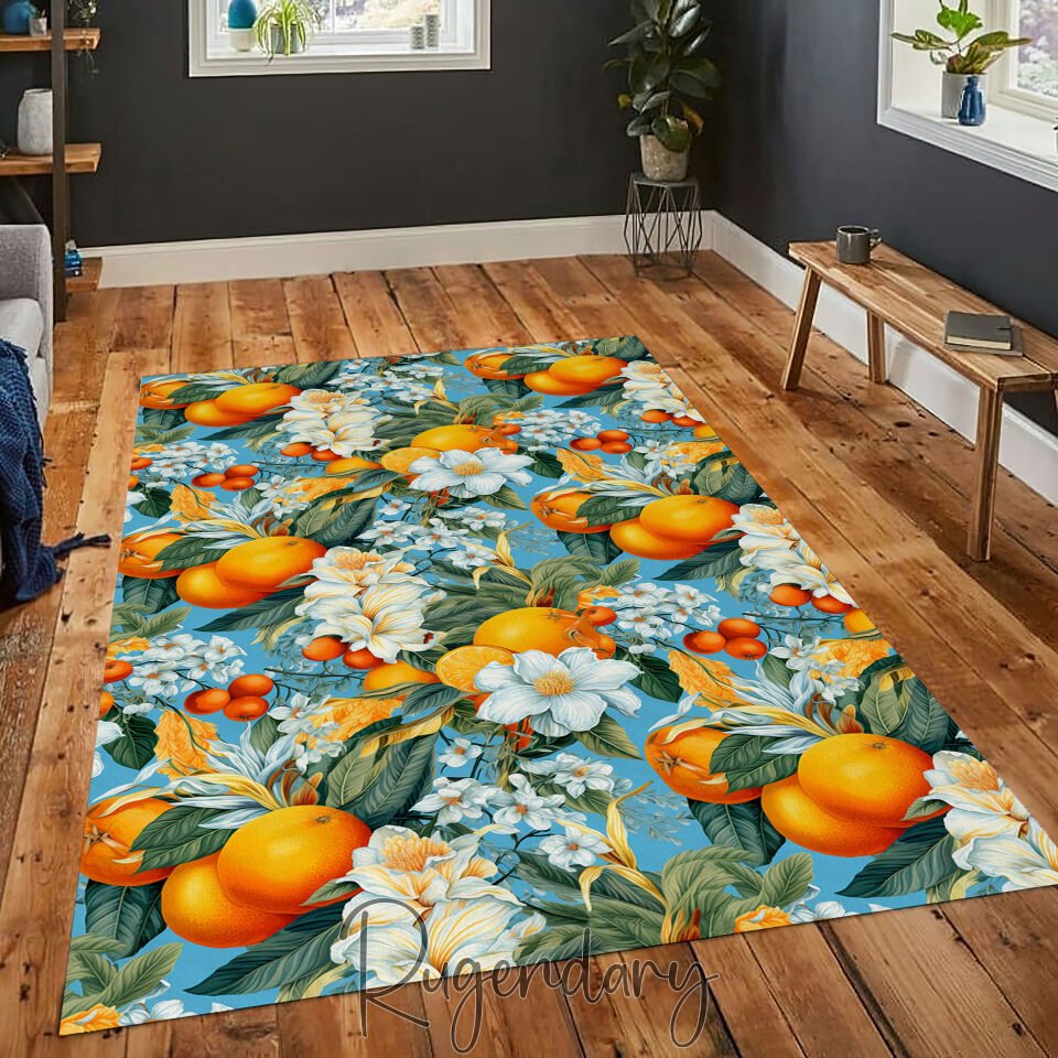 Tropical Orange Blossom Kitchen Rug – Blue & Citrus Floral Design