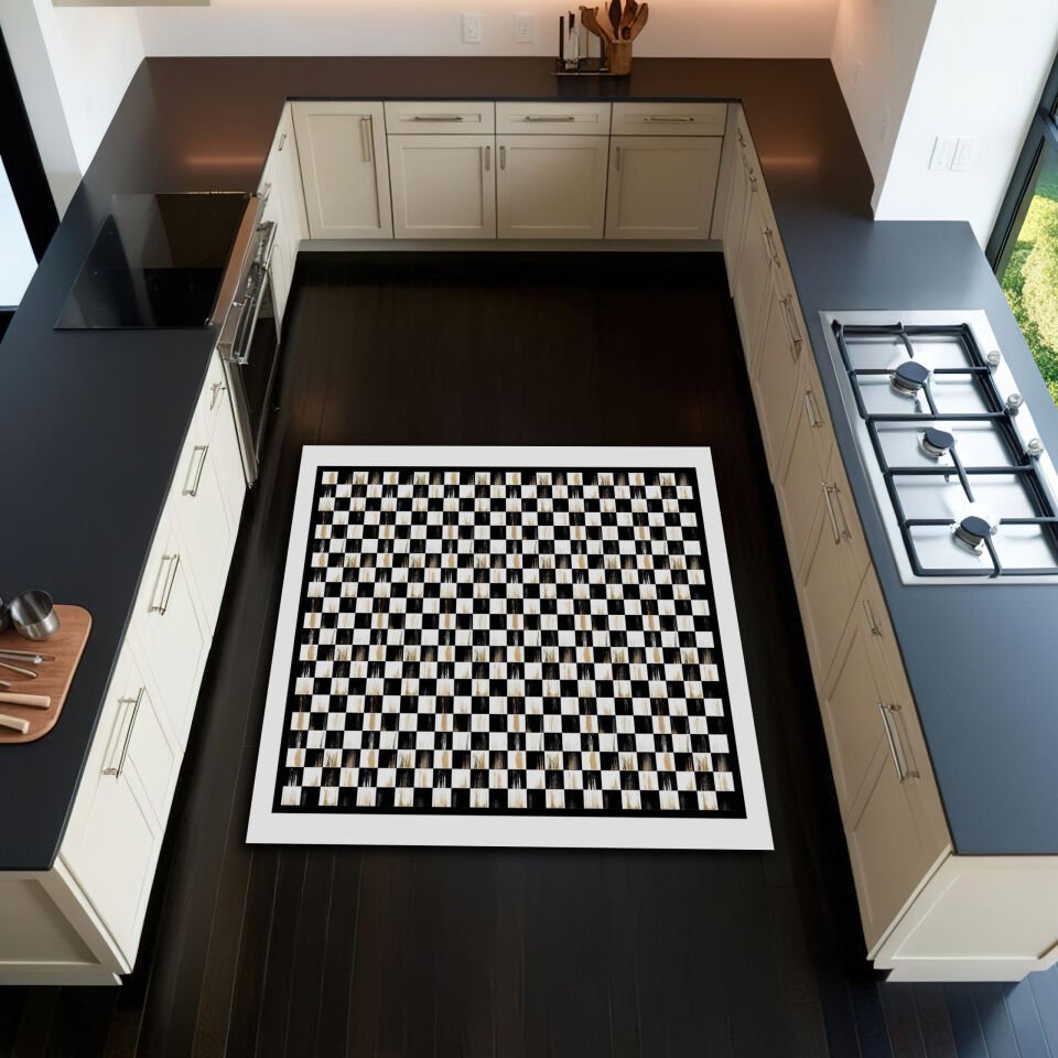Modern Black and White Checkerboard Rug – Durable and Stylish Kitchen Floor Carpet