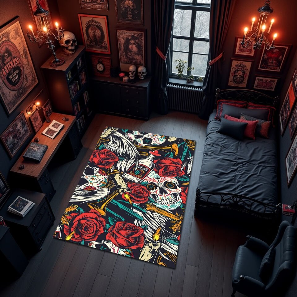 Colorful Gothic Tattoo-Inspired Rug – Skull, Rose & Wing Pattern