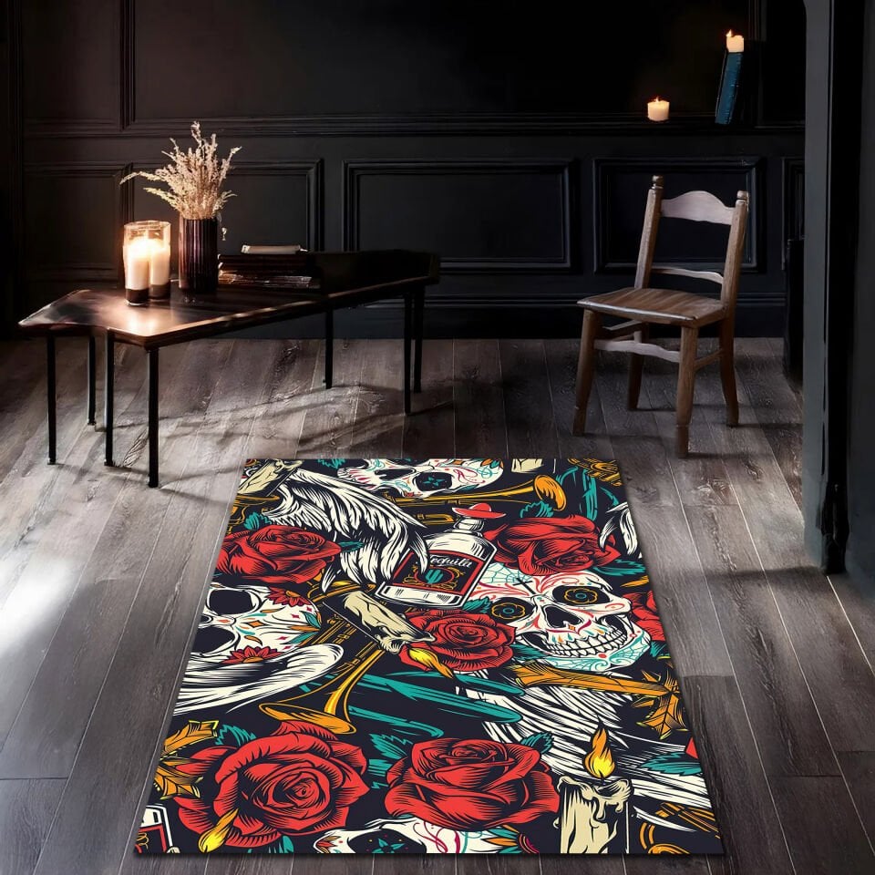 Colorful Gothic Tattoo-Inspired Rug – Skull, Rose & Wing Pattern