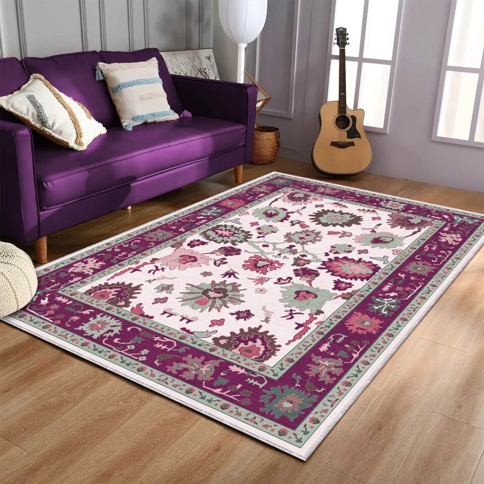 Purple Oriental Rug Classic Floral Pattern Decorative Carpet
