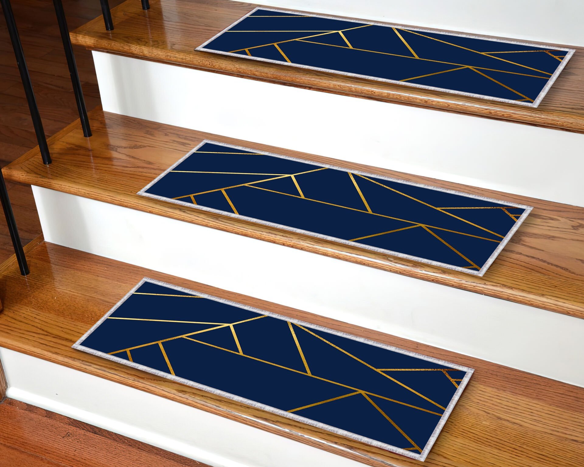 Navy Blue & Gold Geometric Stair Treads – Non-Slip Carpet Mats for Wooden Steps