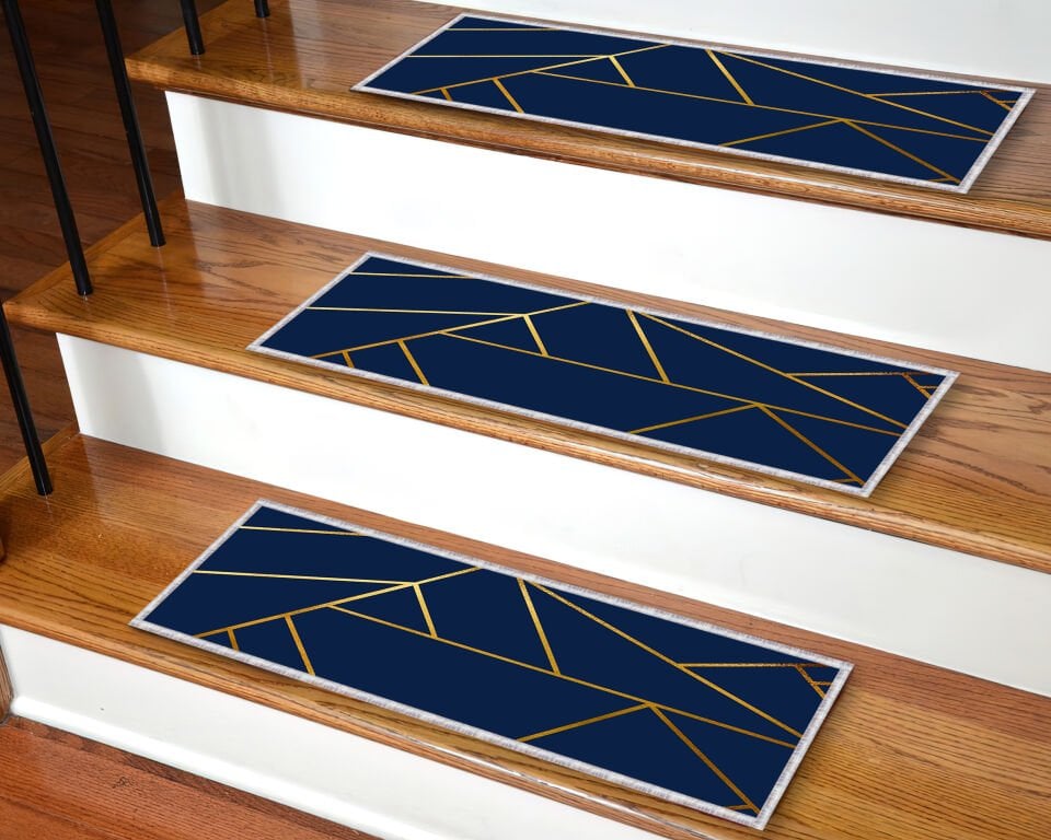 Navy Blue & Gold Geometric Stair Treads – Non-Slip Carpet Mats for Wooden Steps