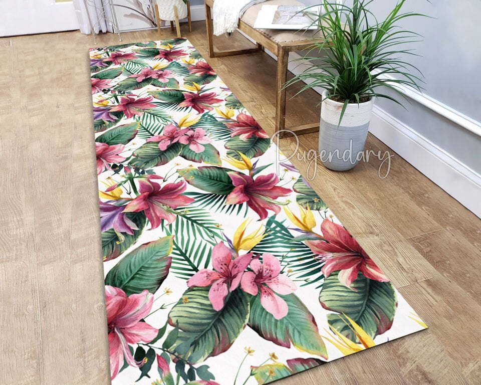 Tropical Floral Runner Rug – Vibrant Long Carpet with Exotic Leaves & Pink Flowers