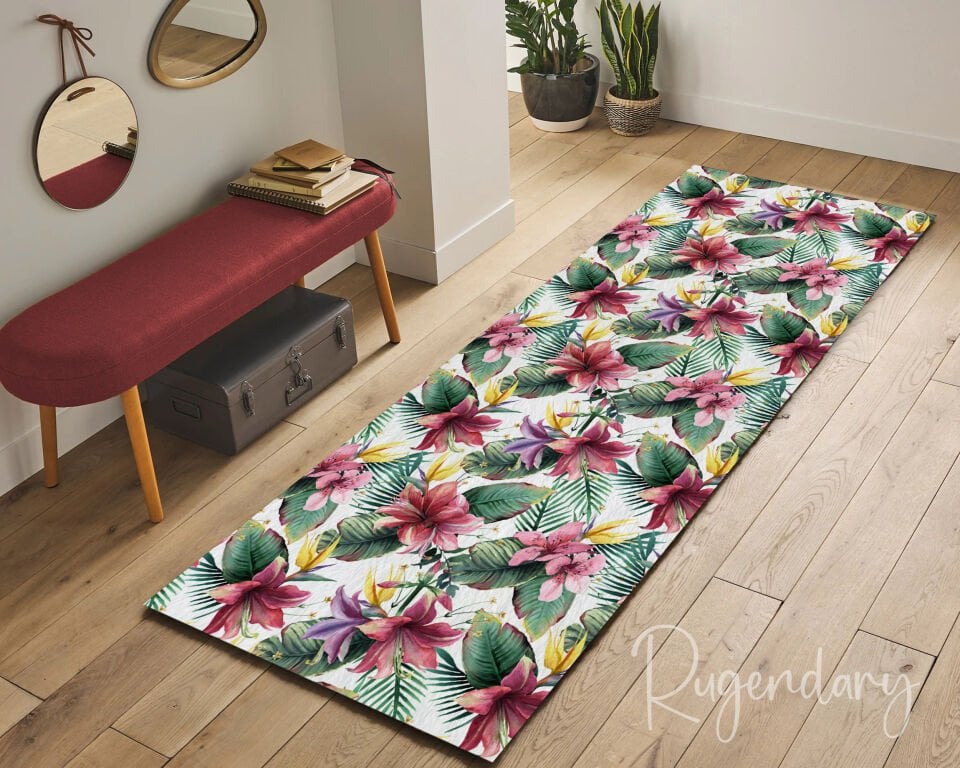 Tropical Floral Runner Rug – Vibrant Long Carpet with Exotic Leaves & Pink Flowers