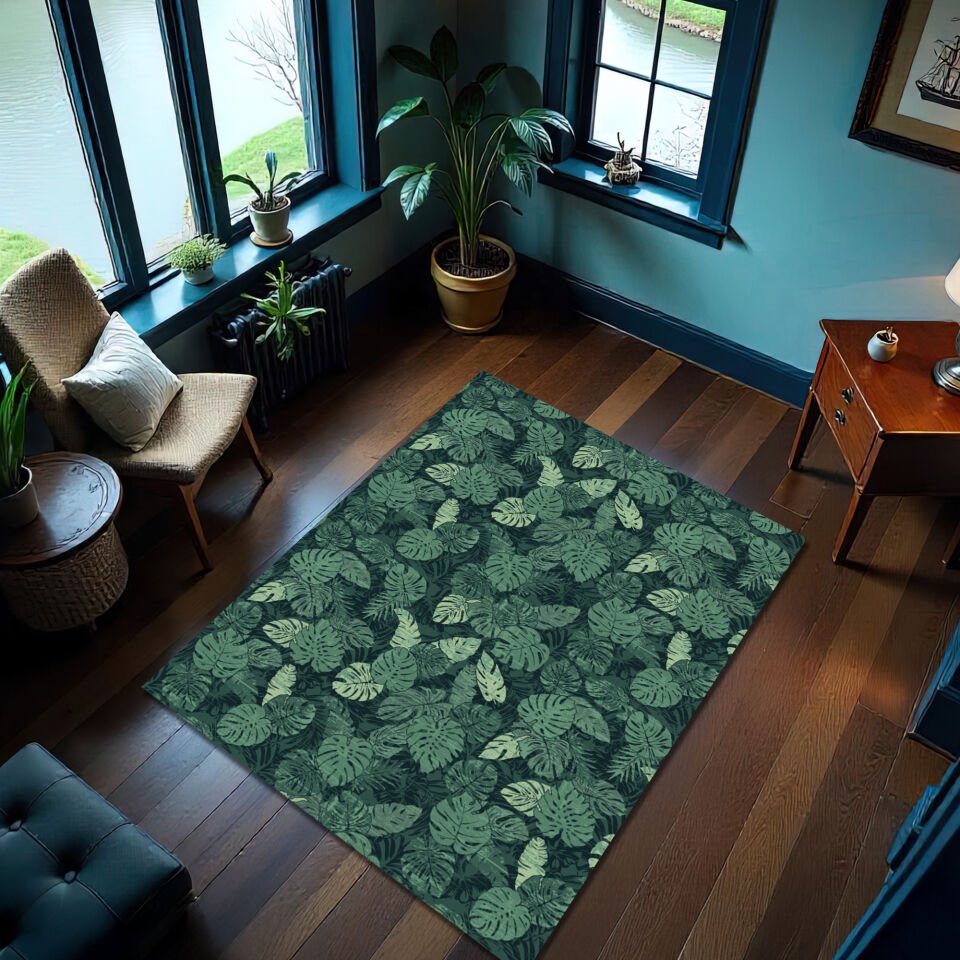 Tropical Monstera Leaf Rug – Deep Green Jungle Pattern