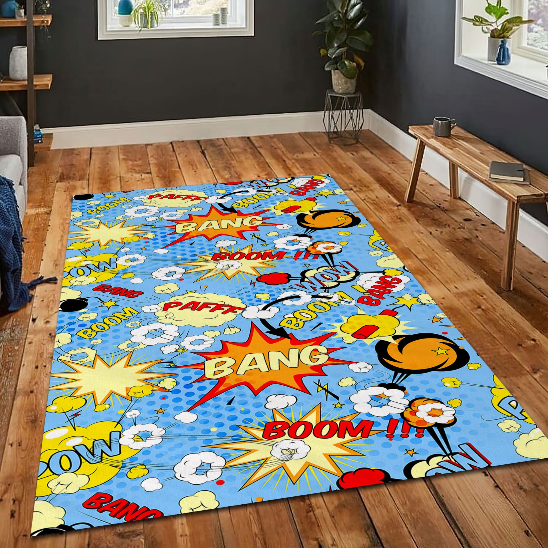 Comic Pop Art Rug – Colorful Bang Boom Carpet for Funky Retro Room Decor