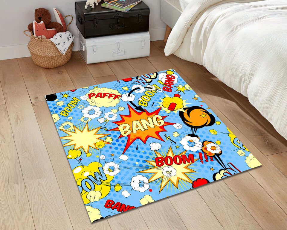 Comic Pop Art Rug – Colorful Bang Boom Carpet for Funky Retro Room Decor