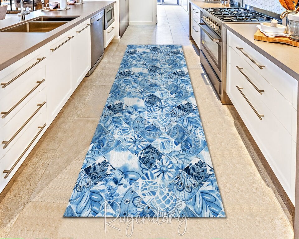 Mediterranean Blue Tile Runner Rug – Coastal Floral & Geometric Hallway Carpet