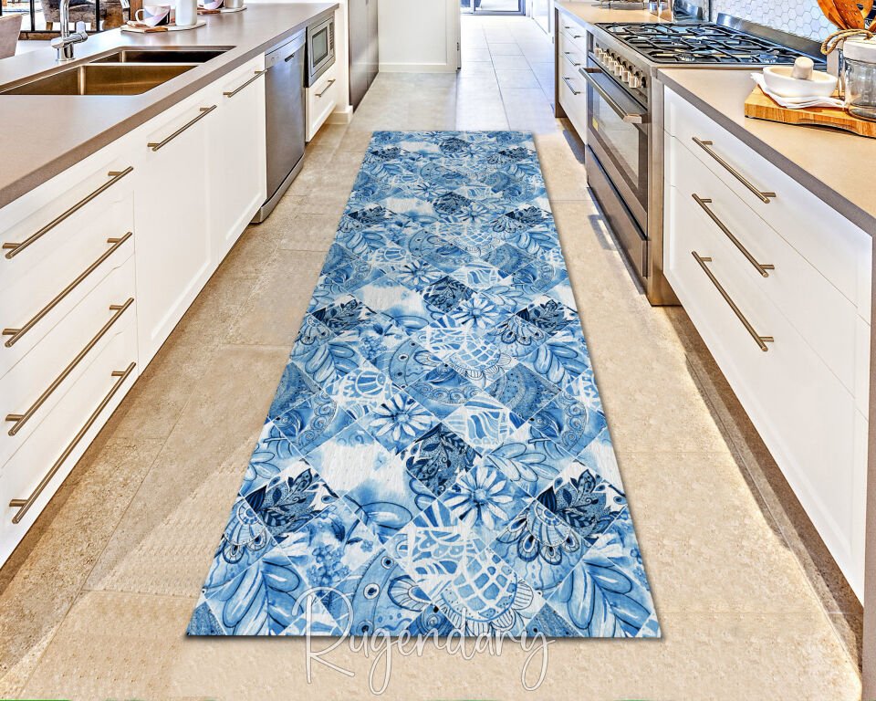 Mediterranean Blue Tile Runner Rug – Coastal Floral & Geometric Hallway Carpet