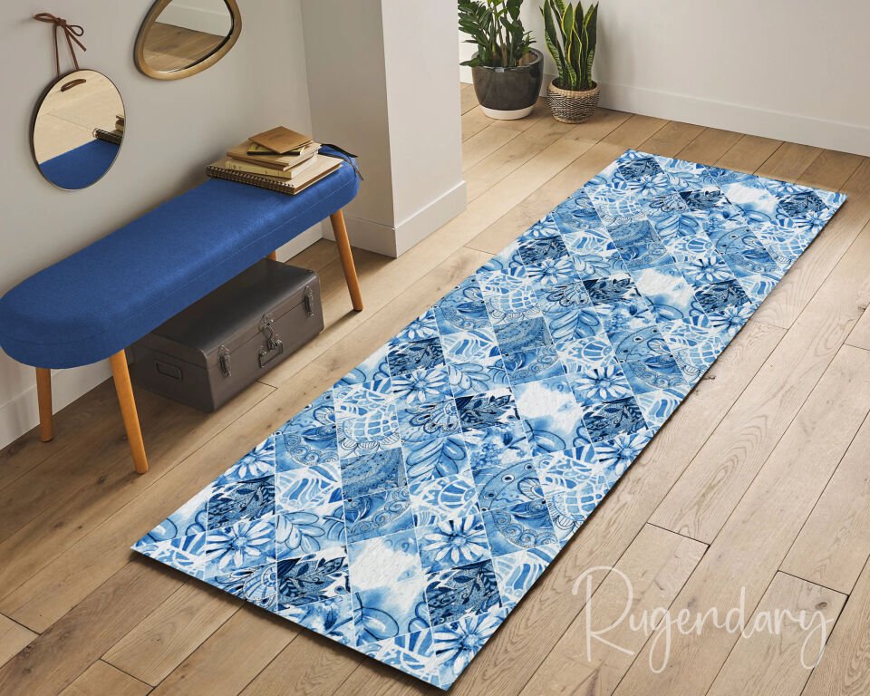 Mediterranean Blue Tile Runner Rug – Coastal Floral & Geometric Hallway Carpet