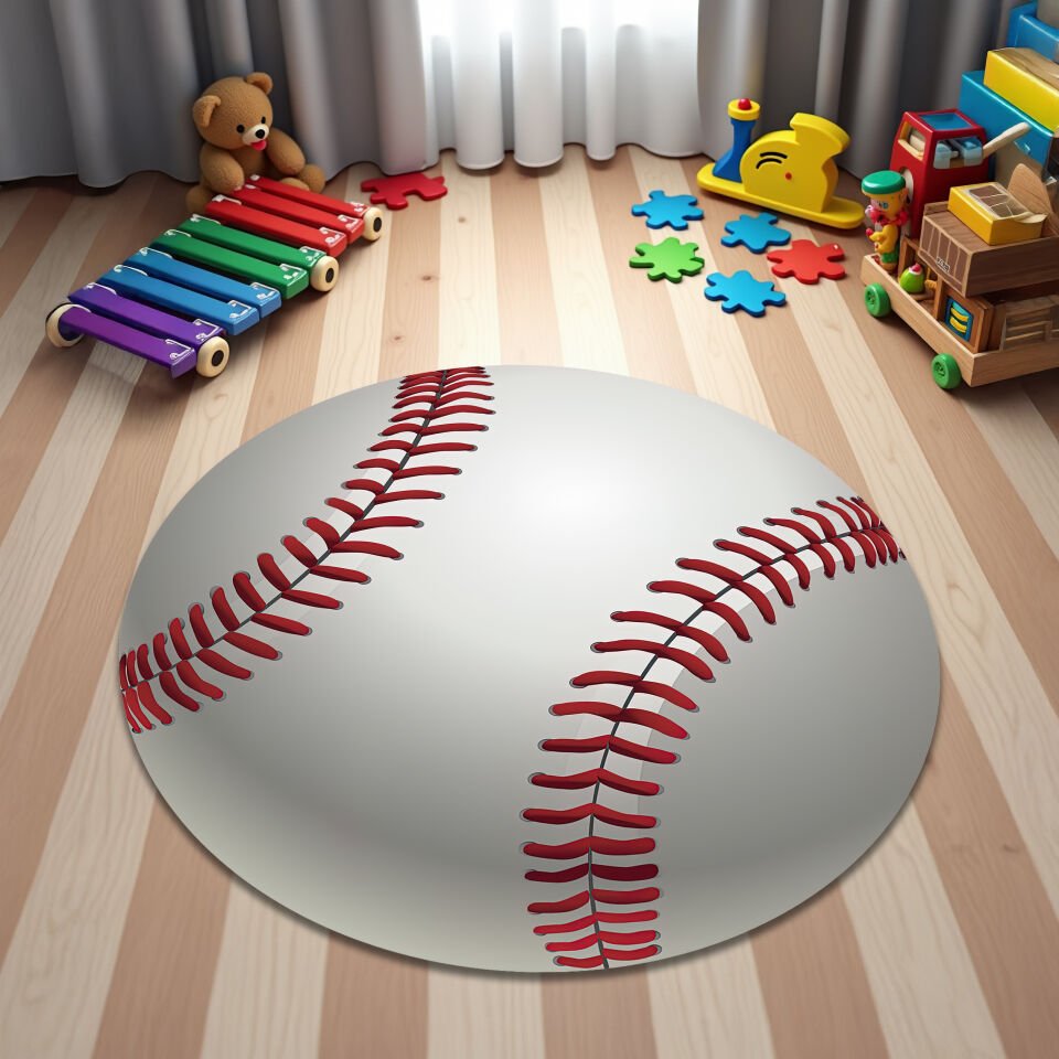 Baseball-Themed Round Rug for Kids – Nursery and Playroom Floor Mat