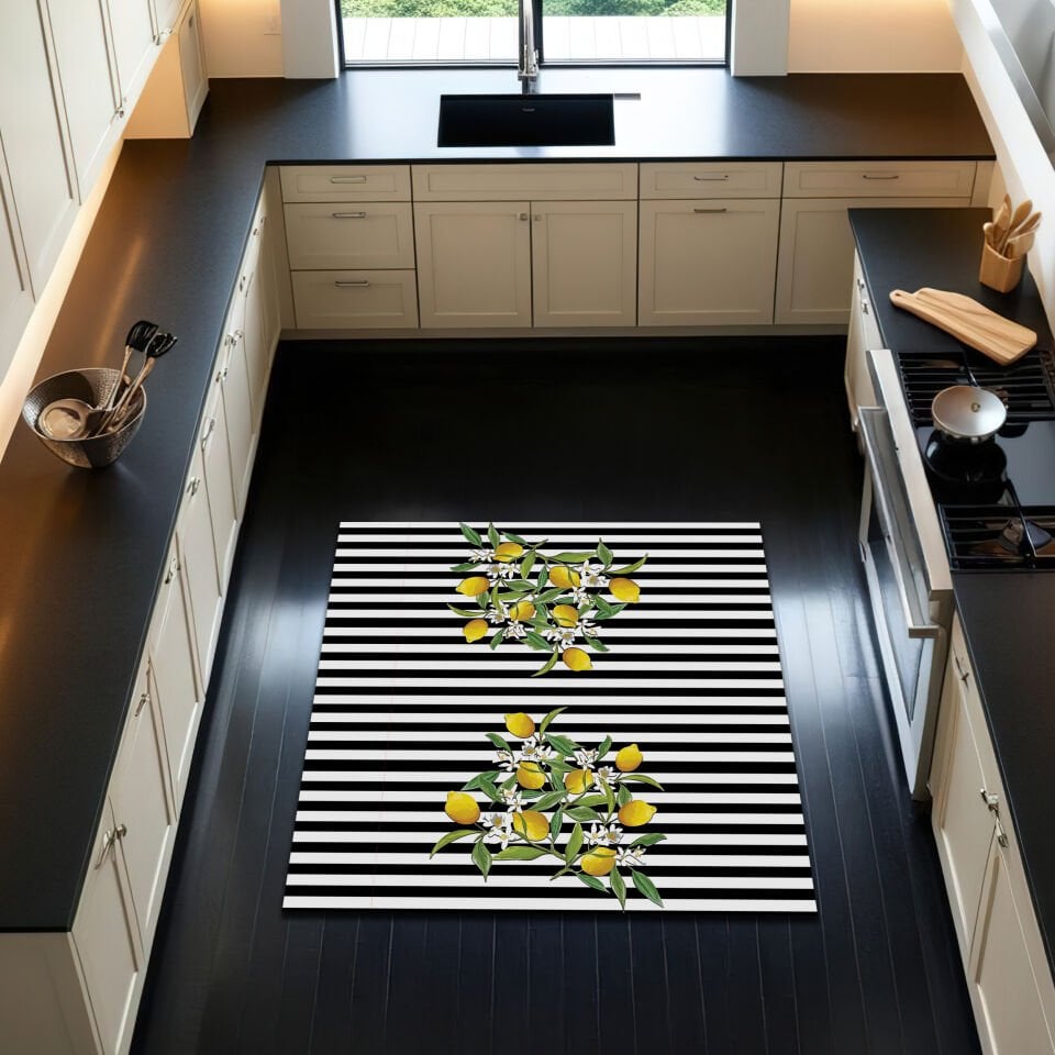 Striped Lemon Kitchen Rug – Fresh Botanical Design