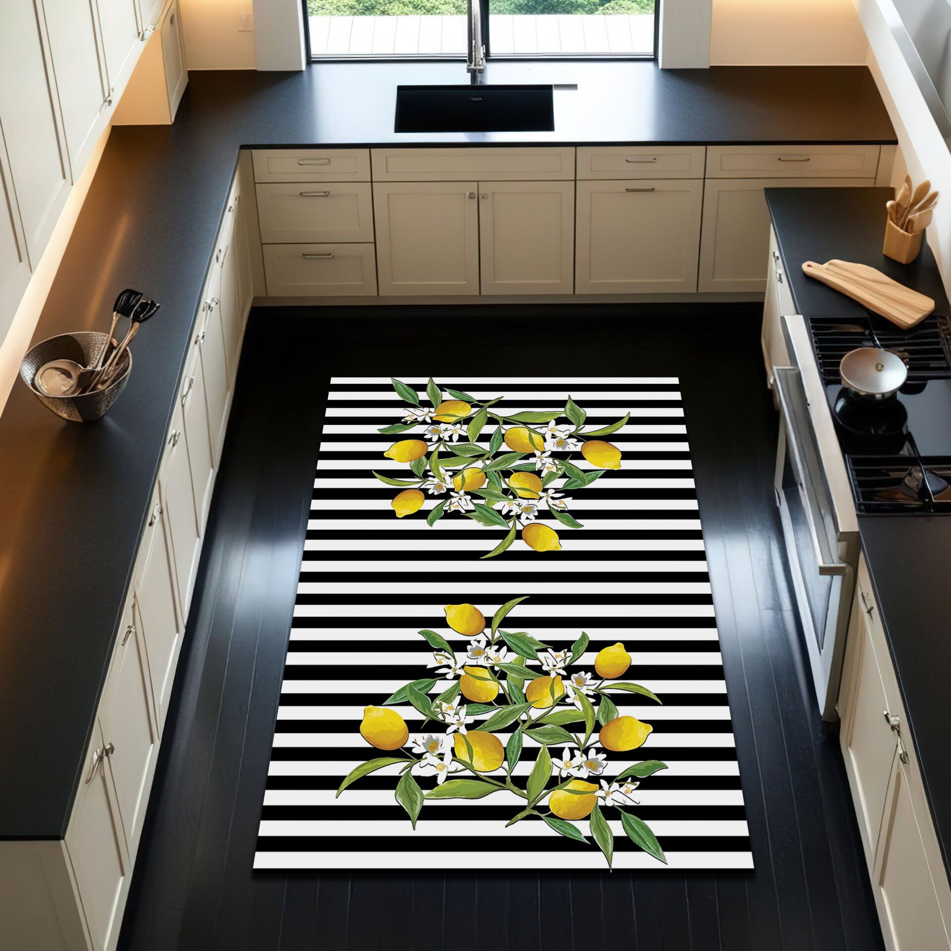 Striped Lemon Kitchen Rug – Fresh Botanical Design