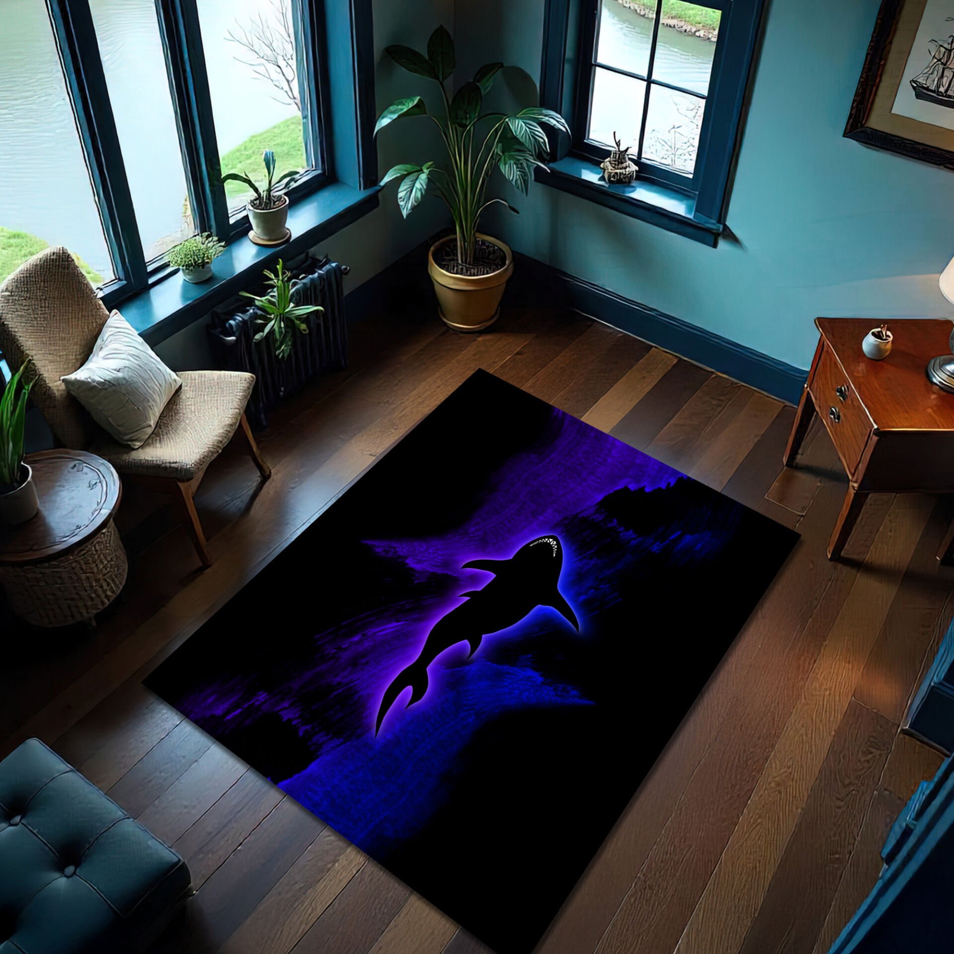 Glowing Neon Shark Rug – Bold Oceanic Design for Modern Spaces