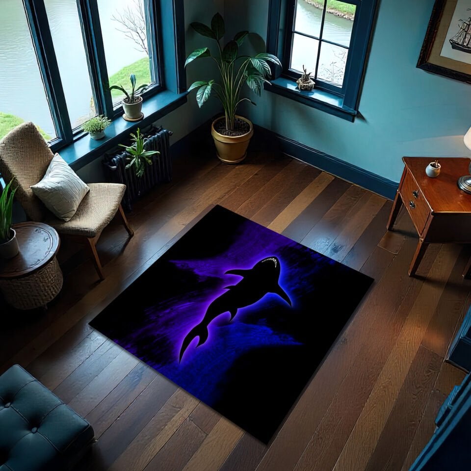Glowing Neon Shark Rug – Bold Oceanic Design for Modern Spaces