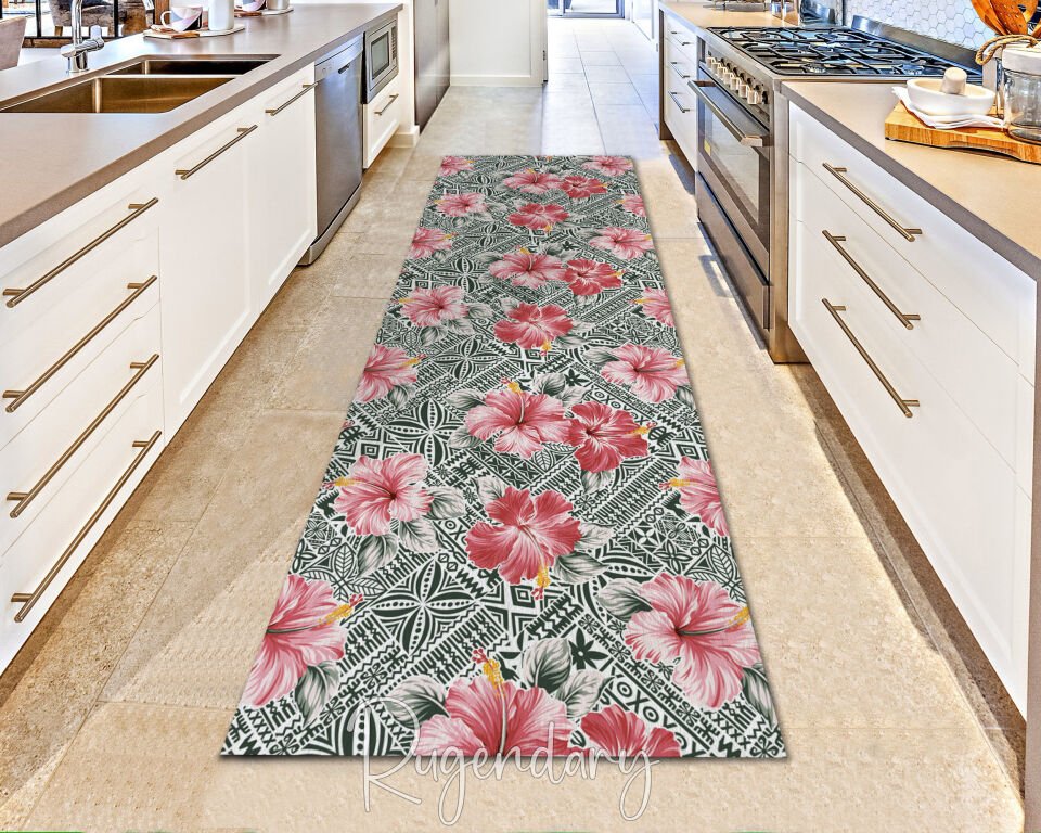 Tropical Hibiscus Floral Runner Rug – Decorative Modern Hallway Carpet