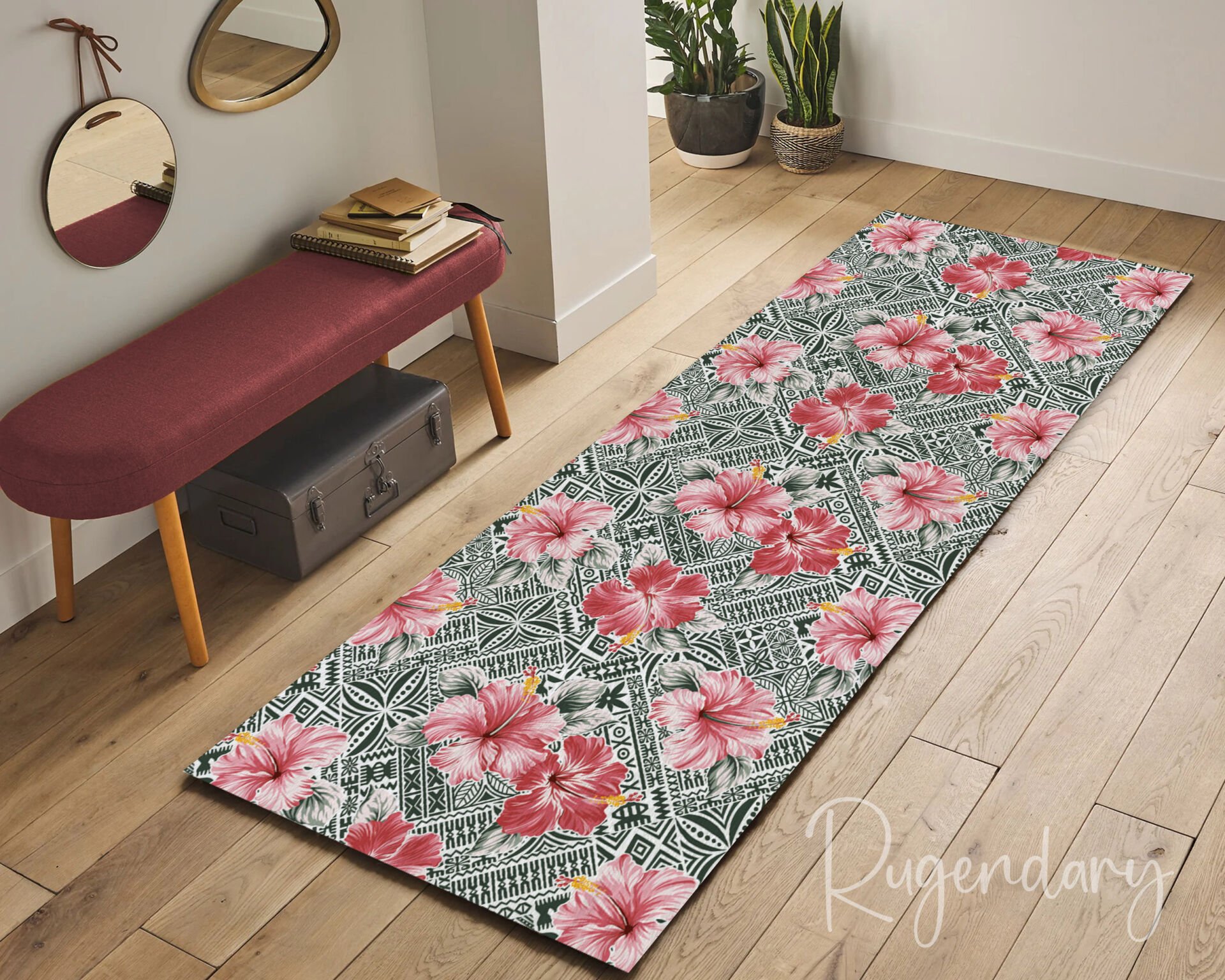 Tropical Hibiscus Floral Runner Rug – Decorative Modern Hallway Carpet