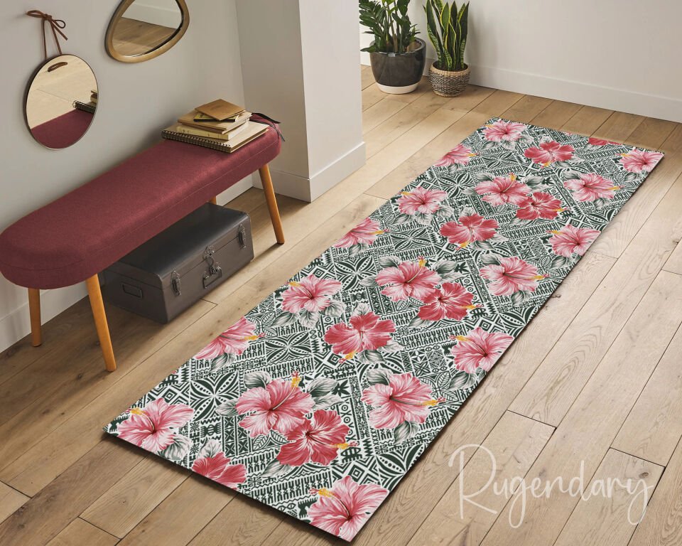 Tropical Hibiscus Floral Runner Rug – Decorative Modern Hallway Carpet