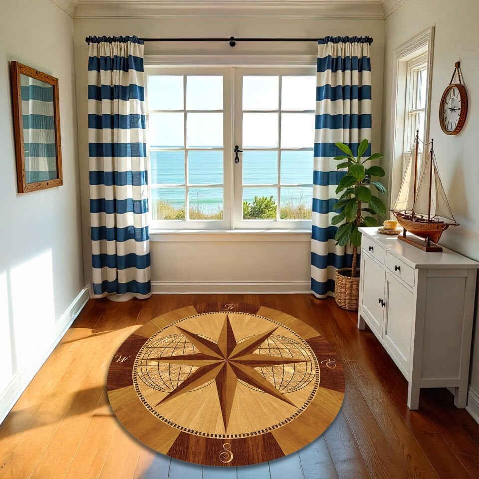 Elegant Wooden Compass Globe Design Round Rug – Classic Nautical-Inspired Floor Carpet for Home & Office Spaces