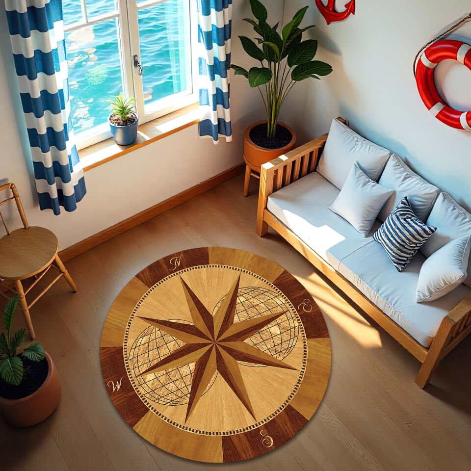 Elegant Wooden Compass Globe Design Round Rug – Classic Nautical-Inspired Floor Carpet for Home & Office Spaces