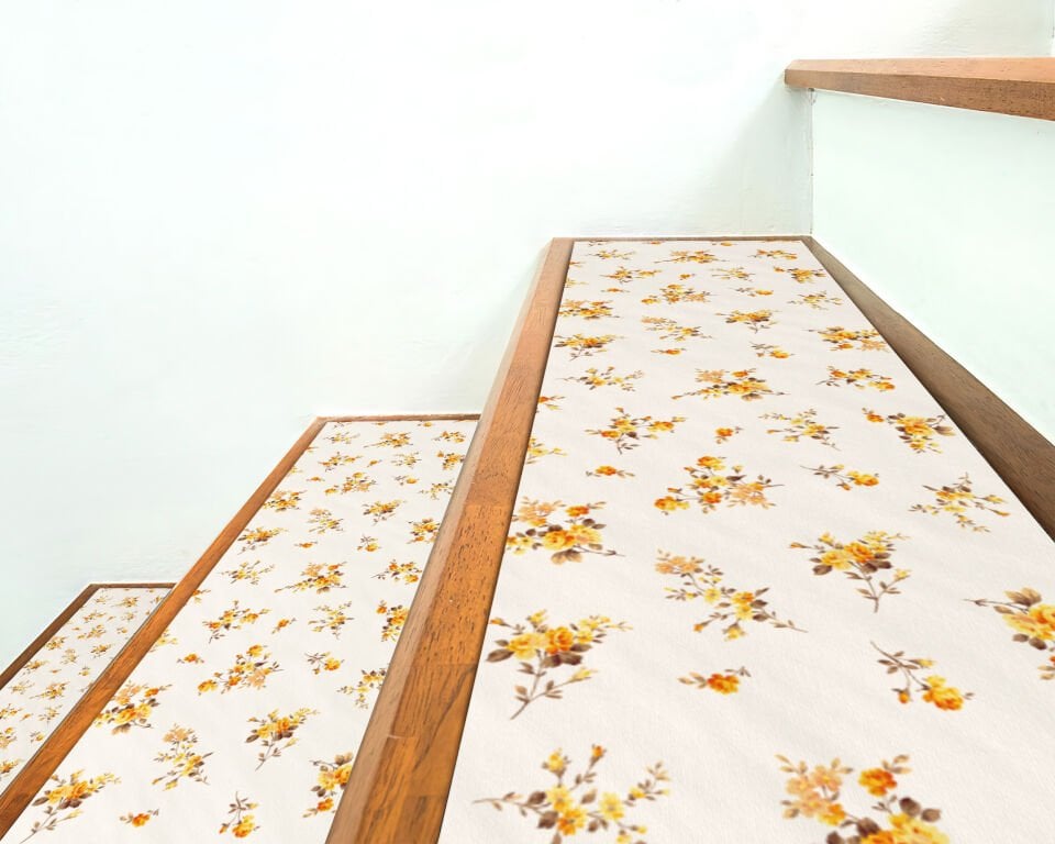 Yellow Floral Stair Treads – Delicate Yellow Flower Pattern Stair Mats for Bright, Cheerful Stairs