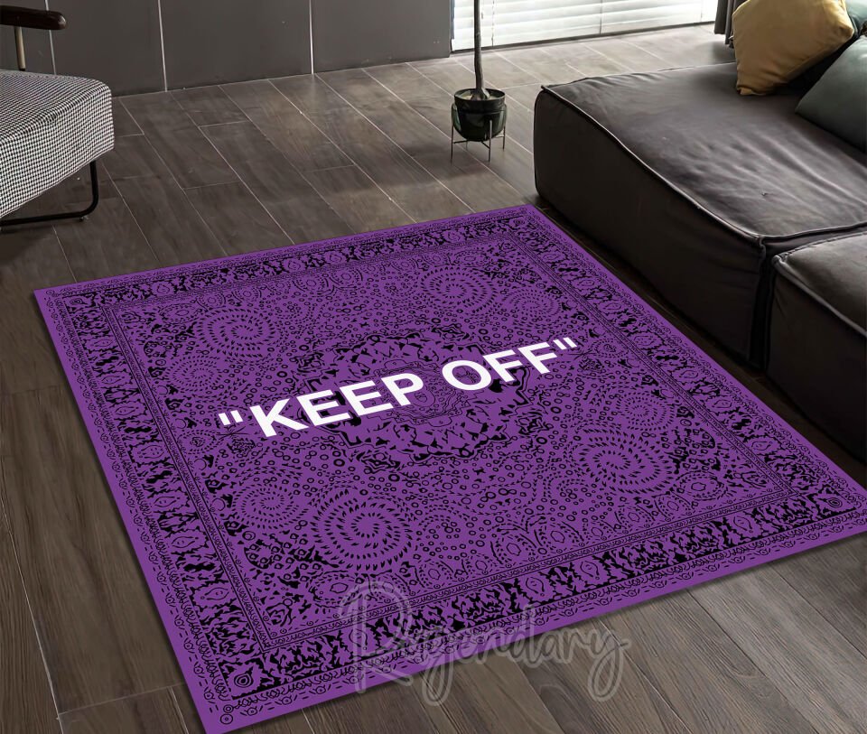 Dark Purple ''KEEP OFF'' Square Rug – Bold Modern Typography Design