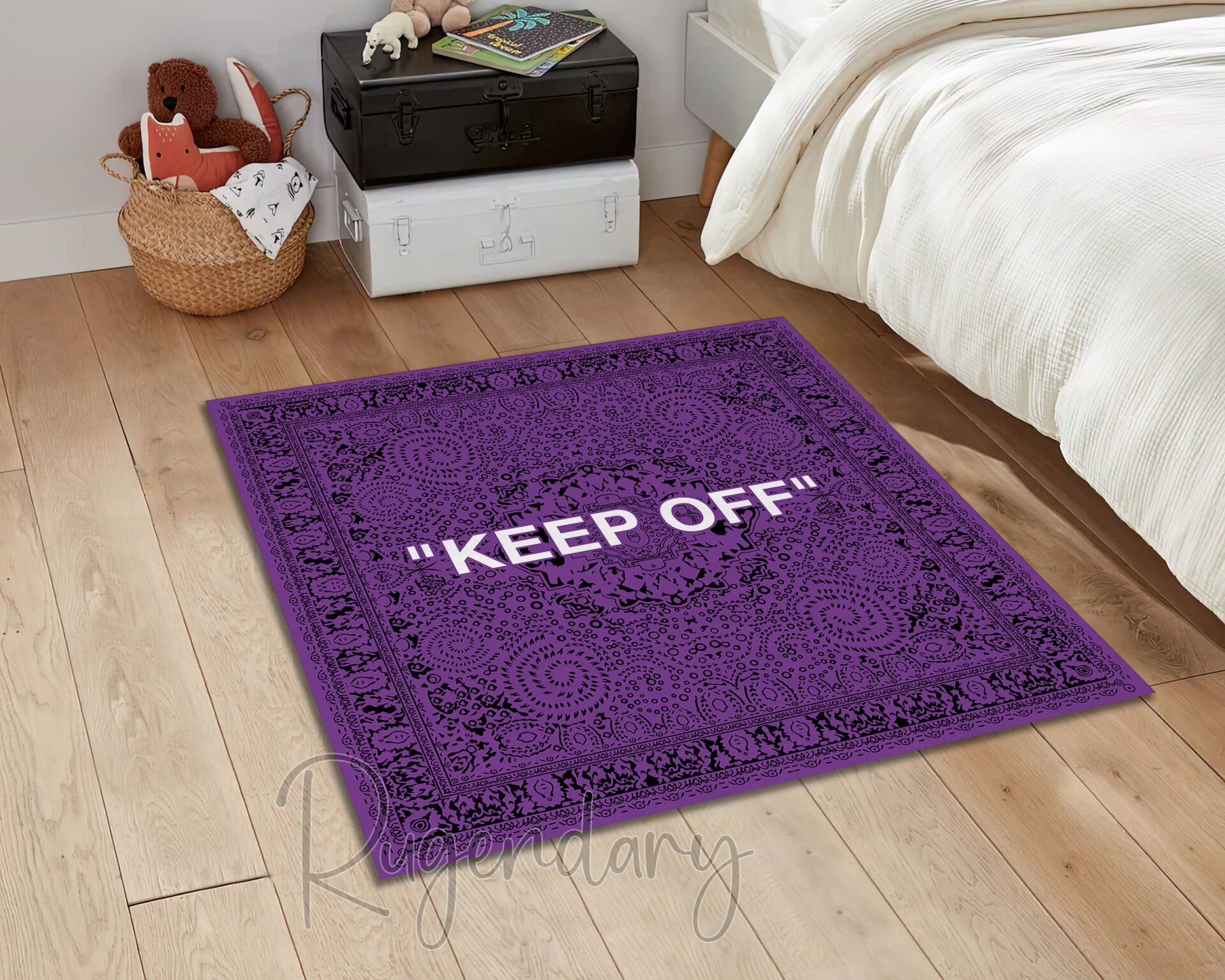 Dark Purple ''KEEP OFF'' Square Rug – Bold Modern Typography Design