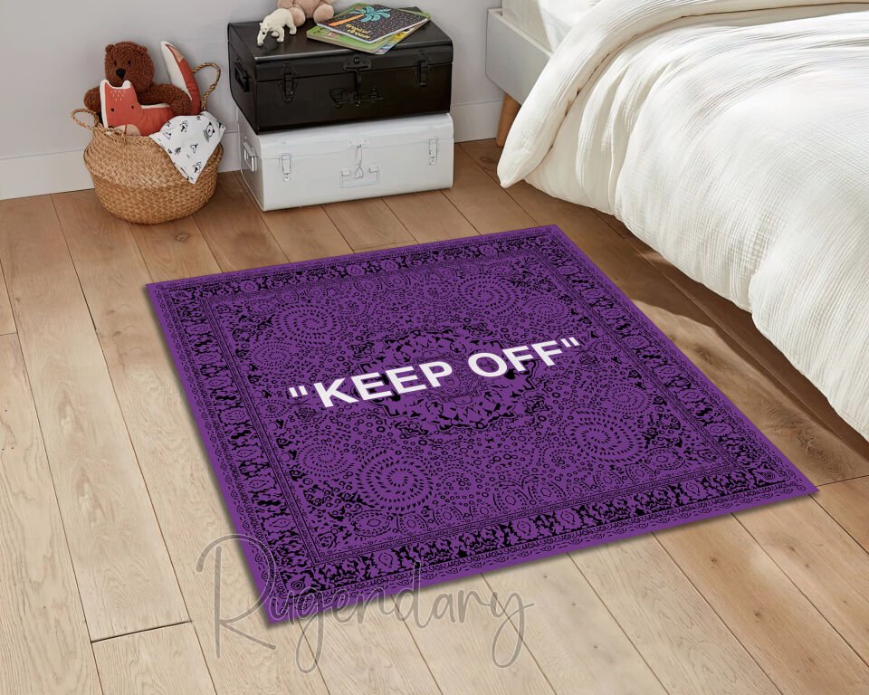 Dark Purple ''KEEP OFF'' Square Rug – Bold Modern Typography Design