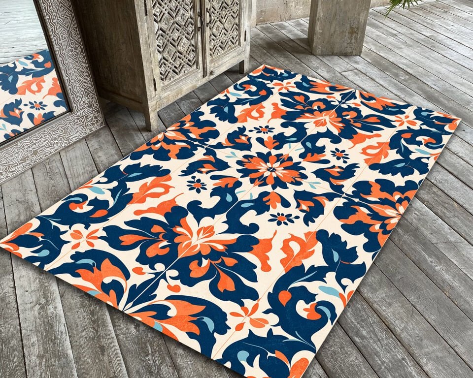 Mediterranean Tile Pattern Rug Navy and Orange Boho Carpet for Living Room and Kitchen