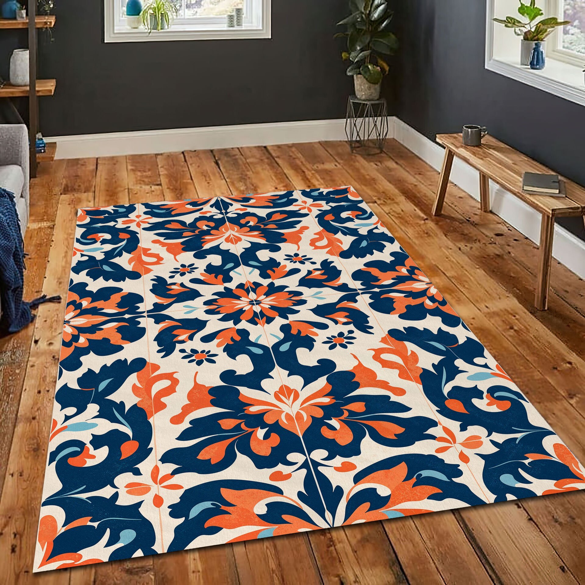 Mediterranean Tile Pattern Rug Navy and Orange Boho Carpet for Living Room and Kitchen