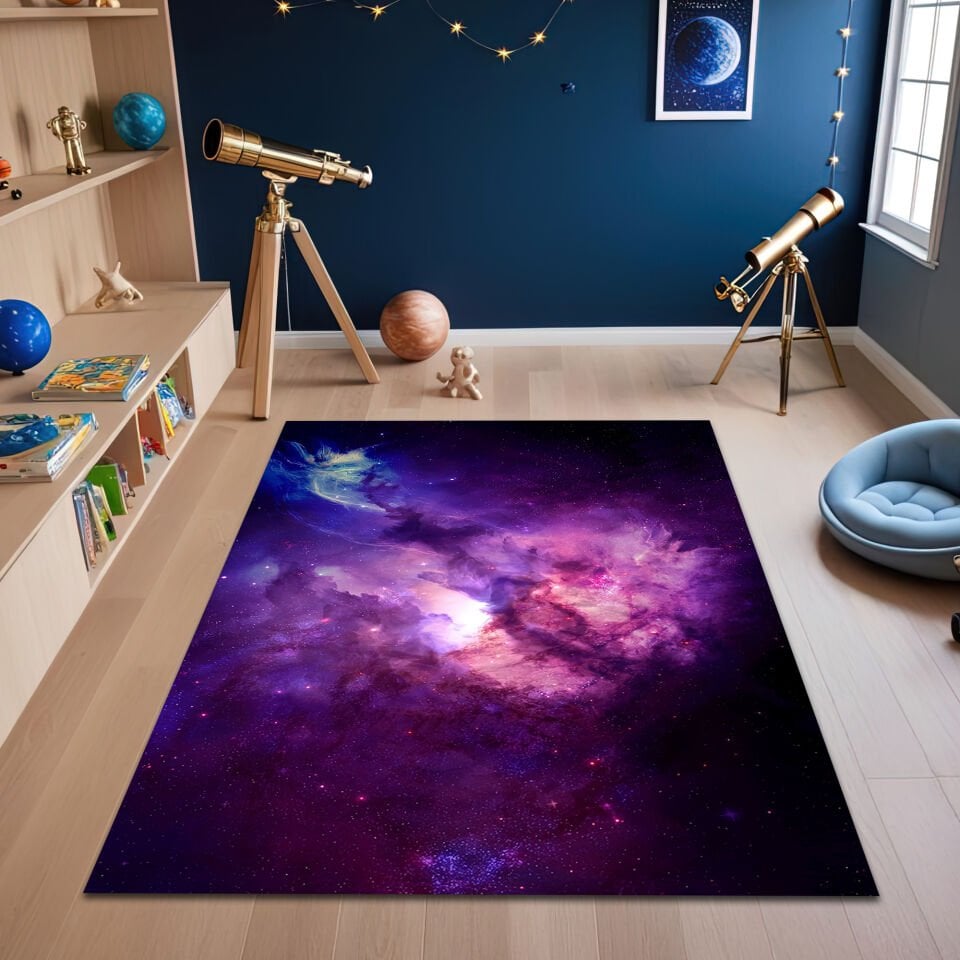 Purple Galaxy Nebula Kids Rug – Vibrant Cosmic Carpet for Playroom